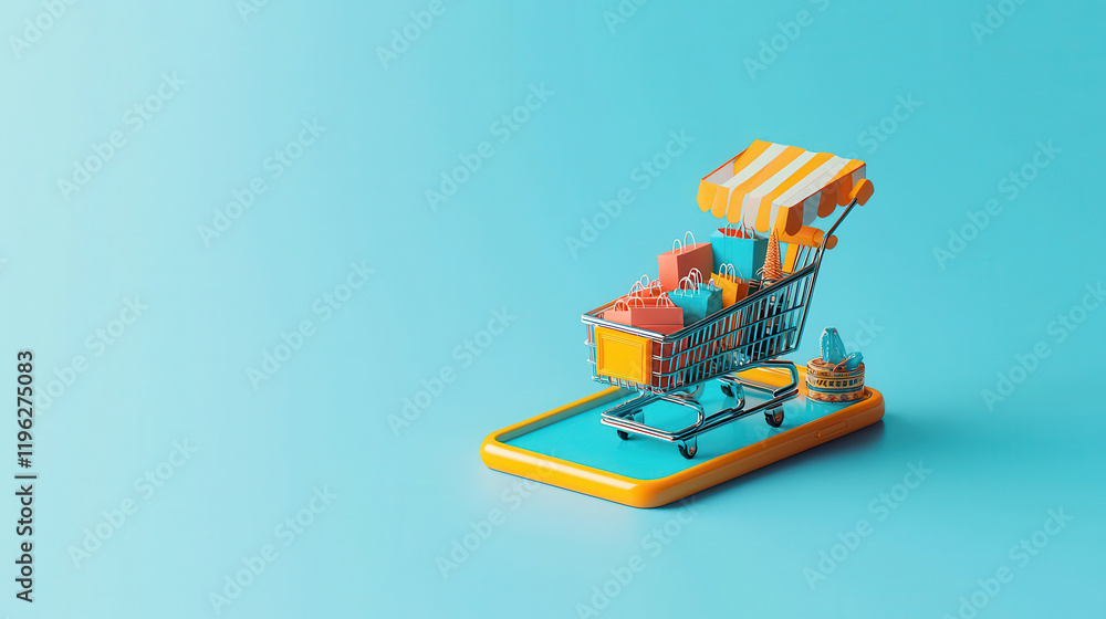 Fototapeta premium smartphone screen displays 3D shopping cart with colorful bags, symbolizing online shopping. vibrant colors evoke excitement and convenience