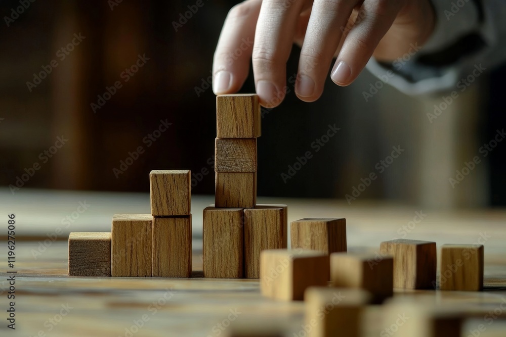 Businessman hand arranging wood block with icon business strategy and Action plan, copy space., Generative AI Businessman hand arranging wood block with icon business strategy and Action plan, copy space., Generative AI