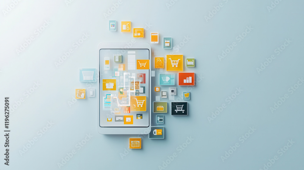 Fototapeta premium smartphone screen displays colorful 3D shopping icons, symbolizing online shopping. vibrant graphics create engaging shopping experience