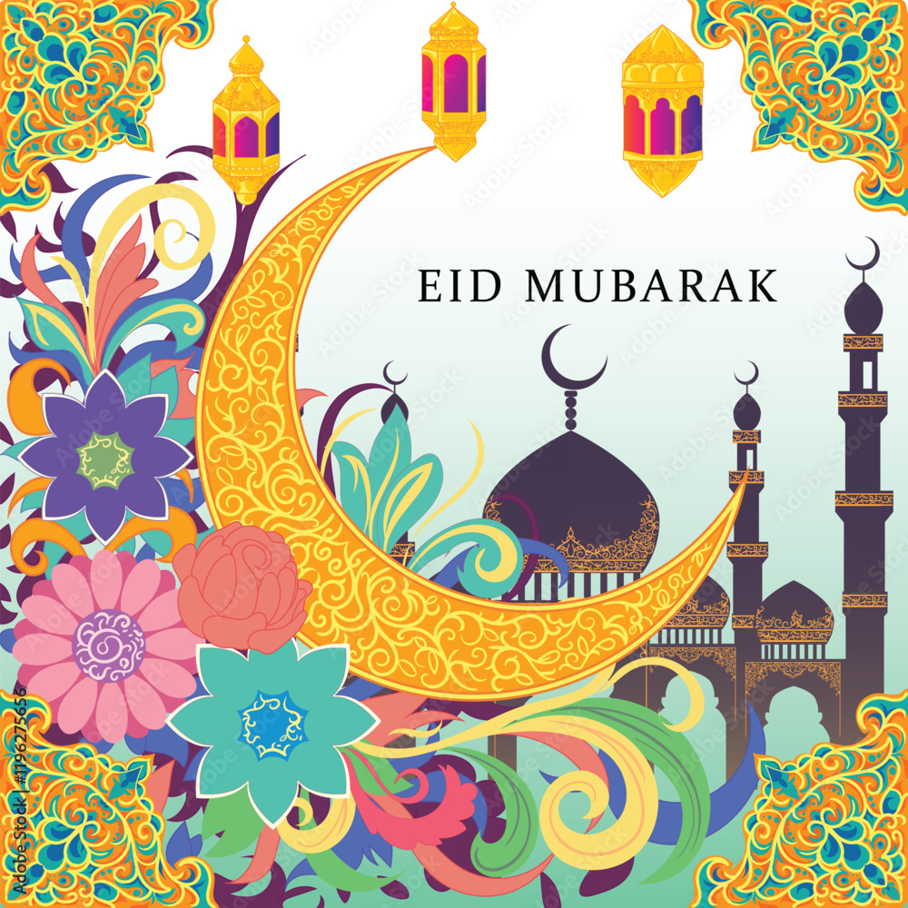 Obraz premium Colorful Eid Mubarak greeting card with elegant ornaments, flowers, mosque, and lanterns for IG posts.
