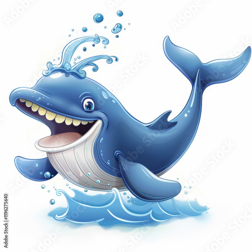 Cheerful Cartoon Whale Spouting Water Playfully in Ocean Waves photo