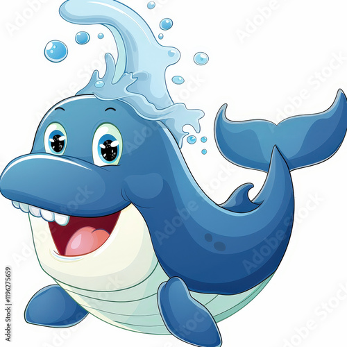 Cheerful Cartoon Whale Spouting Water with Joyful Expression photo