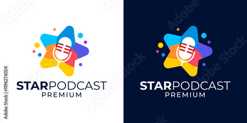 Star podcast logo design. Singer star logo design template. Podcast artist musician entertainment logo design template vector. Vector logo design template of star, podcast, microphone, media, music.