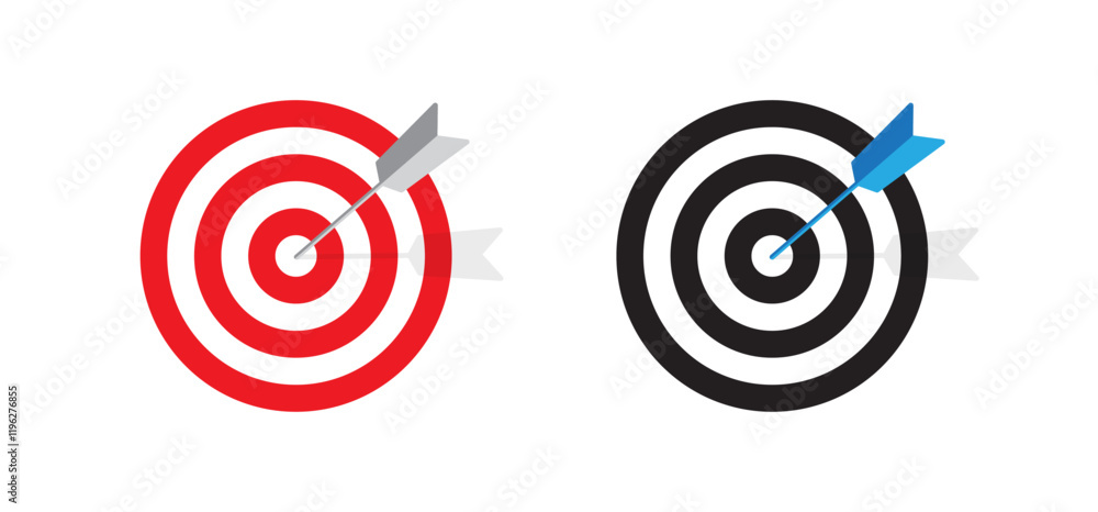 Dart target icon. Target icon with arrow hitting at the center of dartboard. Goal achievement or Business success concept. Web site design, logo, app. Flat vector isolated on white background. Dart target icon. Target icon with arrow hitting at the center of dartboard. Goal achievement or Business success concept. Web site design, logo, app. Flat vector isolated on white background.