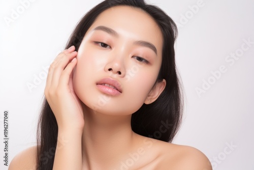 Young beautiful asian in skincare and beauty routine adult perfection hairstyle.