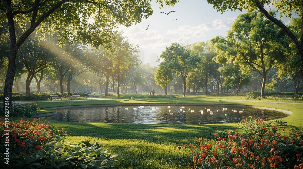 Obraz premium Serene park pond with ducks, sunlit trees, and flowers.