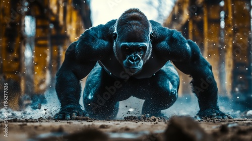 A muscular gorilla charges forward, showcasing raw power and determination. The image captures the animal's might in a dramatic scene. photo