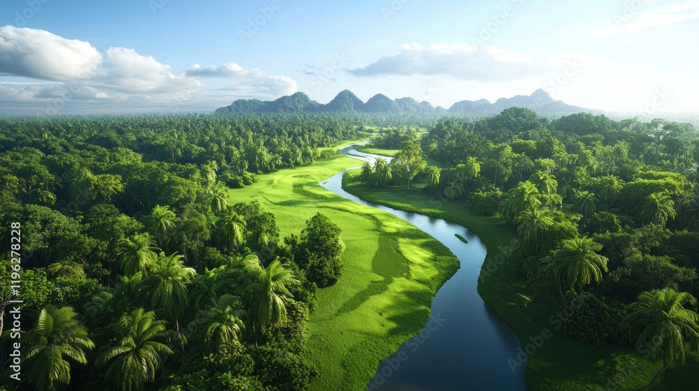 Fototapeta premium Aerial view of tropical river in lush jungle