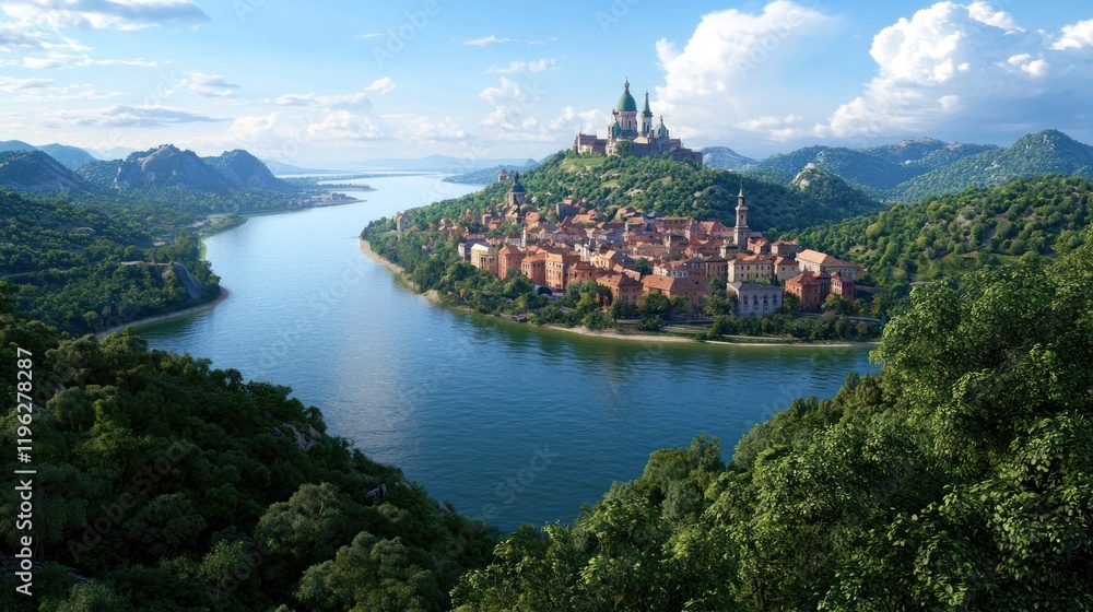 Fototapeta premium Picturesque River Town Landscape