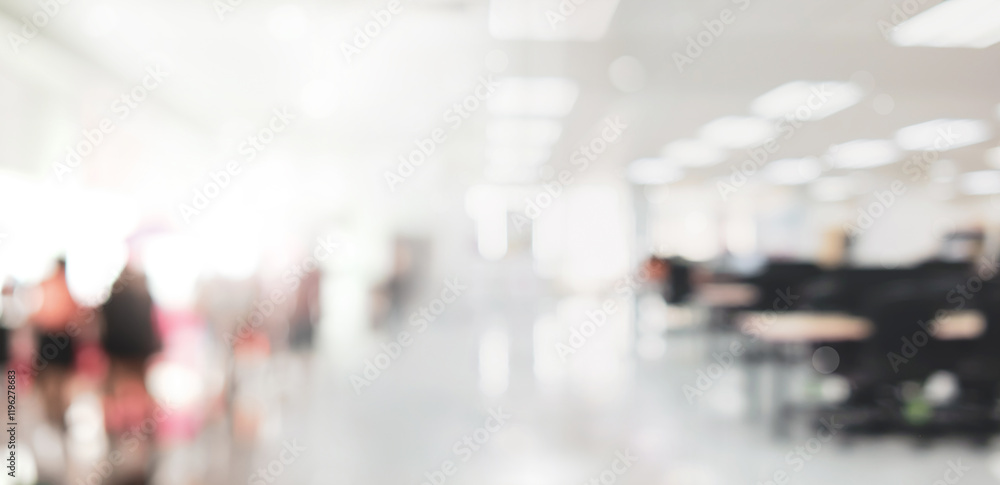 Fototapeta premium Abstract blurred white office room background with bokeh lights at office interior.