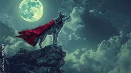 Heroic Wolf in Superhero Costume Howling at Full Moon