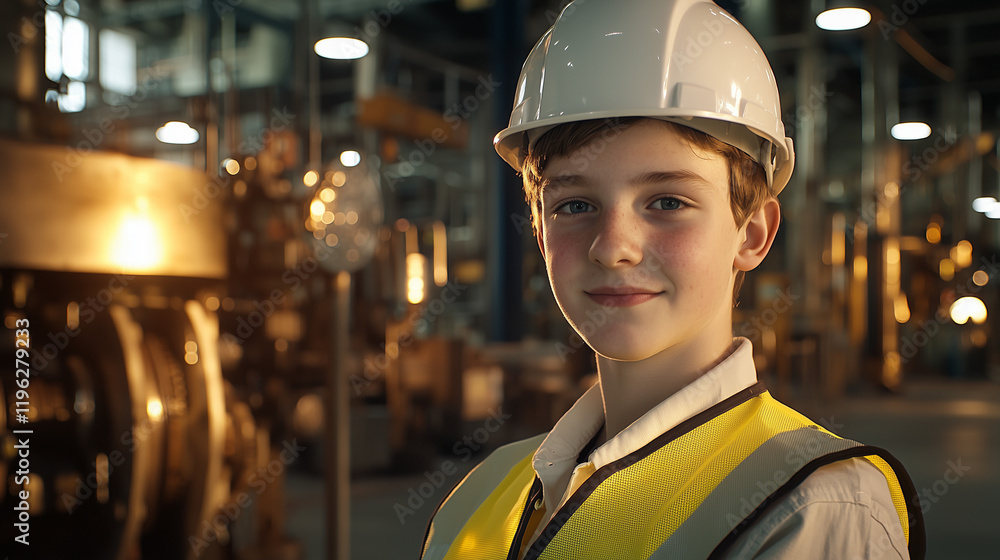 A diligent young worker wearing a hard hat and safety gear poses in a well-lit industrial space, showcasing potential and dedication. A diligent young worker wearing a hard hat and safety gear poses in a well-lit industrial space, showcasing potential and dedication.