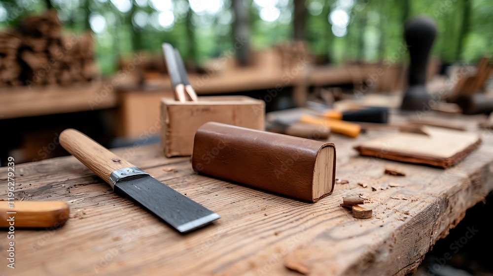 Wooden Sculpture Tools and Materials on Workbench Wooden Sculpture Tools and Materials on Workbench