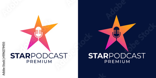 Star podcast logo design. Singer star logo design template. Podcast artist musician entertainment logo design template vector. Vector logo design template of star, podcast, microphone, media, music.