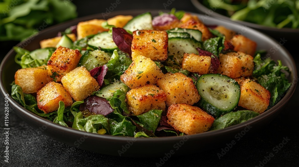 Vibrant Fresh Garden Salad with Crunchy Croutons in a Rustic Setting Vibrant Fresh Garden Salad with Crunchy Croutons in a Rustic Setting