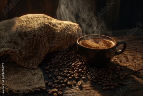 Wallpaper Mural Steaming coffee cup, burlap sack, beans, wood, sunlight, aroma, drink, morning, rustic, website Torontodigital.ca