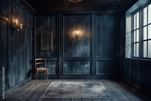 Empty room with dark wooden walls and floor photo