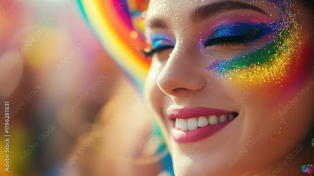 Obraz premium A close-up of vibrant pride makeup on a smiling face, with artistic rainbow details and a blurred pride parade crowd in the background.