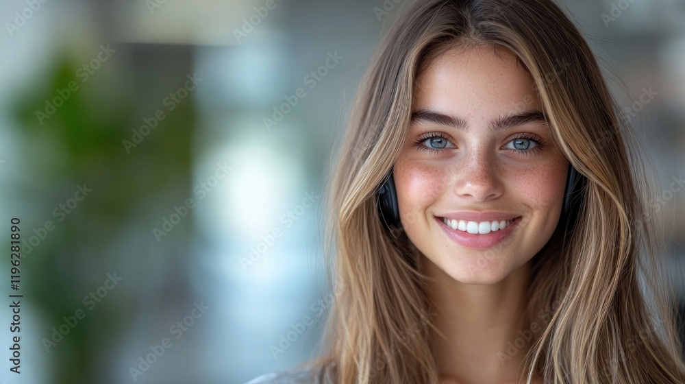Obraz premium Young woman smiling while wearing headphones, with a soft-focus background of greenery and light