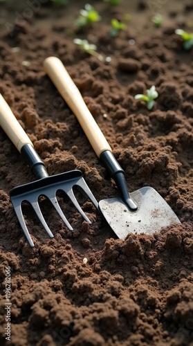 Wallpaper Mural Rake and hoe, lying side by side on freshly tilled soil Torontodigital.ca