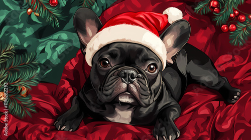 Adorable french bulldog sitting cozily on a red and green christmas blanket and wearing a festive santa hat. Velvetfern. Illustration photo