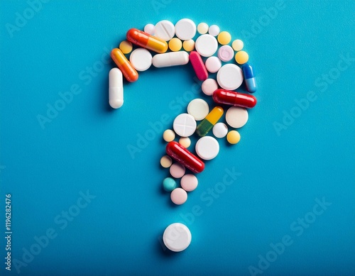lots of pills of many colors and sizes formed into a question mark, symbolizing confusion about health care antibiotics supplements and prescriptions