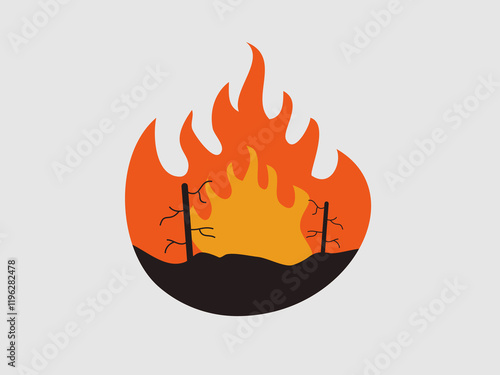 Two barren trees or branches stand within the fire