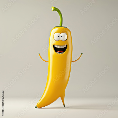 Lively Mascot Character Holding Banana and Pepper in Bright Yellow