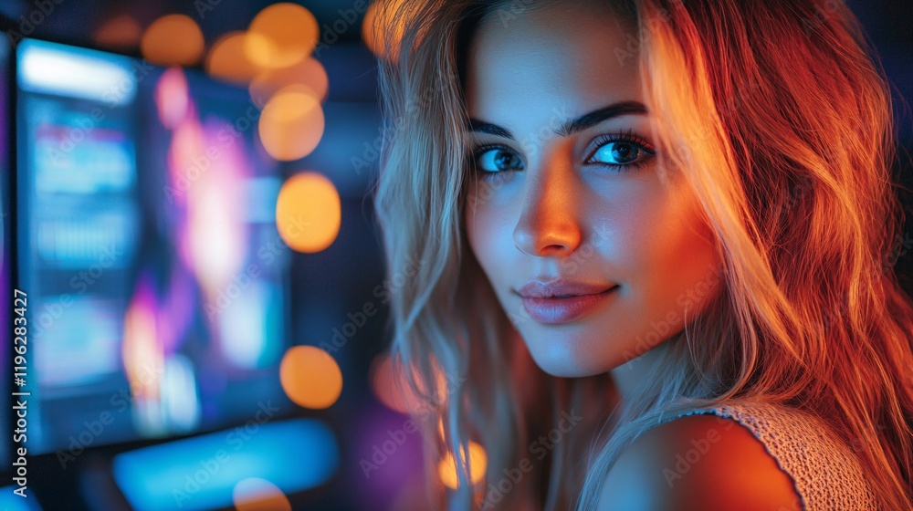A confident woman sits in a colorful, tech-driven environment with glowing screens, symbolizing innovation, coding, and digital creativity, highlighting her expertise in technology A confident woman sits in a colorful, tech-driven environment with glowing screens, symbolizing innovation, coding, and digital creativity, highlighting her expertise in technology