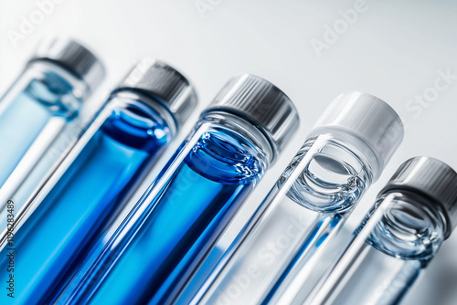 Blue liquid reagent in flasks isolated on a white background.