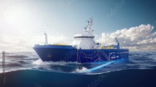 Blue research vessel on ocean, towing underwater equipment.