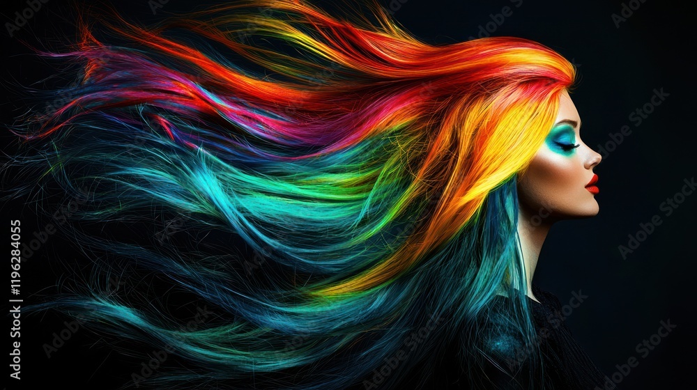 Naklejka premium a person with long, vibrant, and colorful hair blowing in the wind, styled in a fantastic way