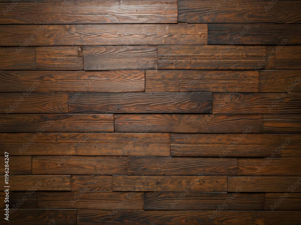 Fototapeta premium Close-up of a rustic dark wooden wall texture with horizontal planks, featuring a rich brown finish, ideal for backgrounds, architectural, or interior design projects