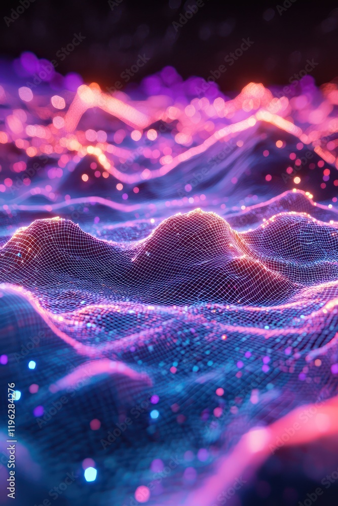 Sci-Fi landscape rendered in 3D wireframe featuring terrain with particles and cosmos. Sci-Fi landscape rendered in 3D wireframe featuring terrain with particles and cosmos.