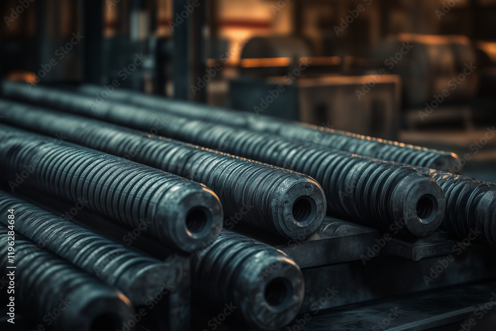 Metal blanks, metal profile on a metallurgical factory plant background. Metal blanks, metal profile on a metallurgical factory plant background.
