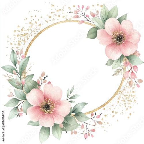 Fototapeta Naklejka Na Ścianę i Meble -  Soft pink and green color flowers on gold glitter circle frames illustration watercolor blossoms.