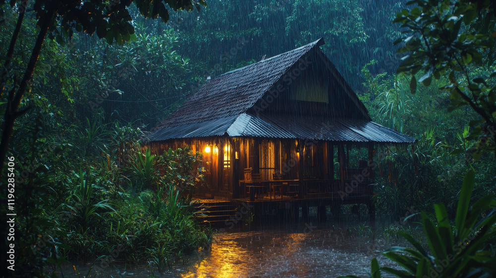 Cozy Tropical Bungalow with Warm Light Glowing in Rain Forest During Evening Time