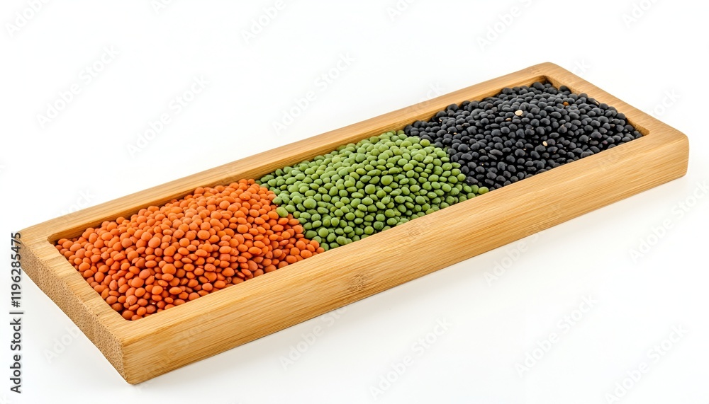 Top view of a wooden tray with separated red, green, and black lentils, clean white background.