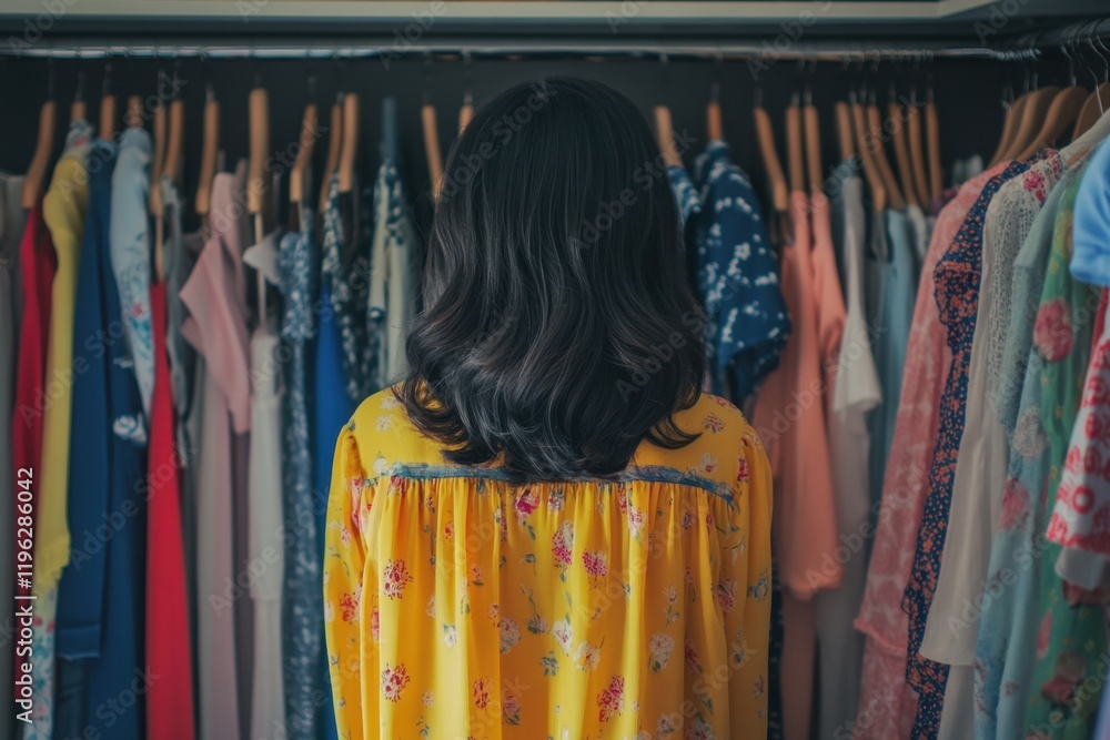 Fototapeta premium Woman Standing in Front of a Closet Filled with Clothes, Deciding What to Wear.