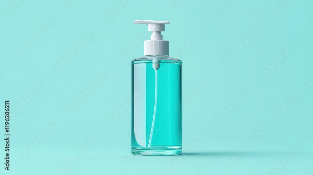 Mockup simulation of stylish pump bottle with aqua liquid minimalistic studio environment clean viewpoint Mockup simulation of stylish pump bottle with aqua liquid minimalistic studio environment clean viewpoint