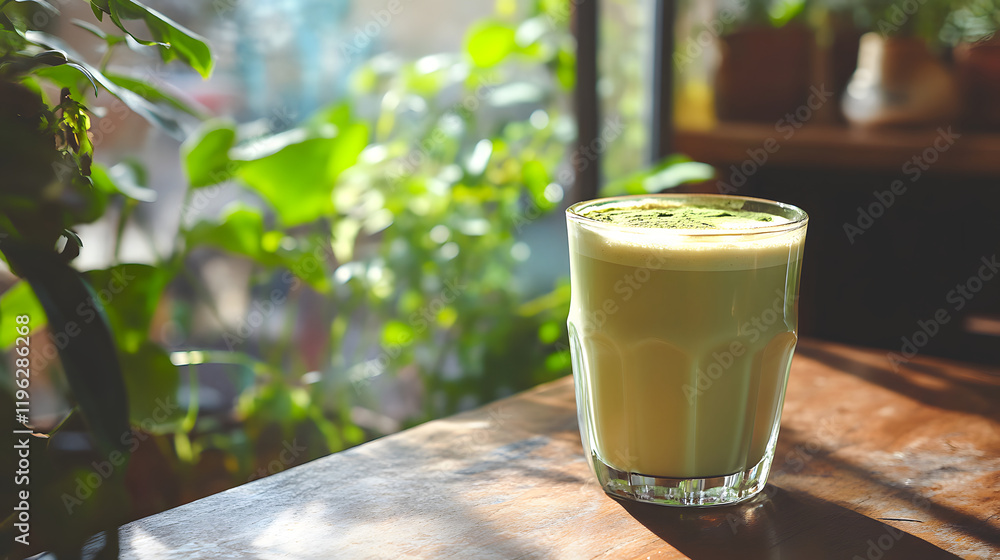 A glass of matcha latte sits on a wooden table, bathed in sunlight streaming through a nearby window. A glass of matcha latte sits on a wooden table, bathed in sunlight streaming through a nearby window.