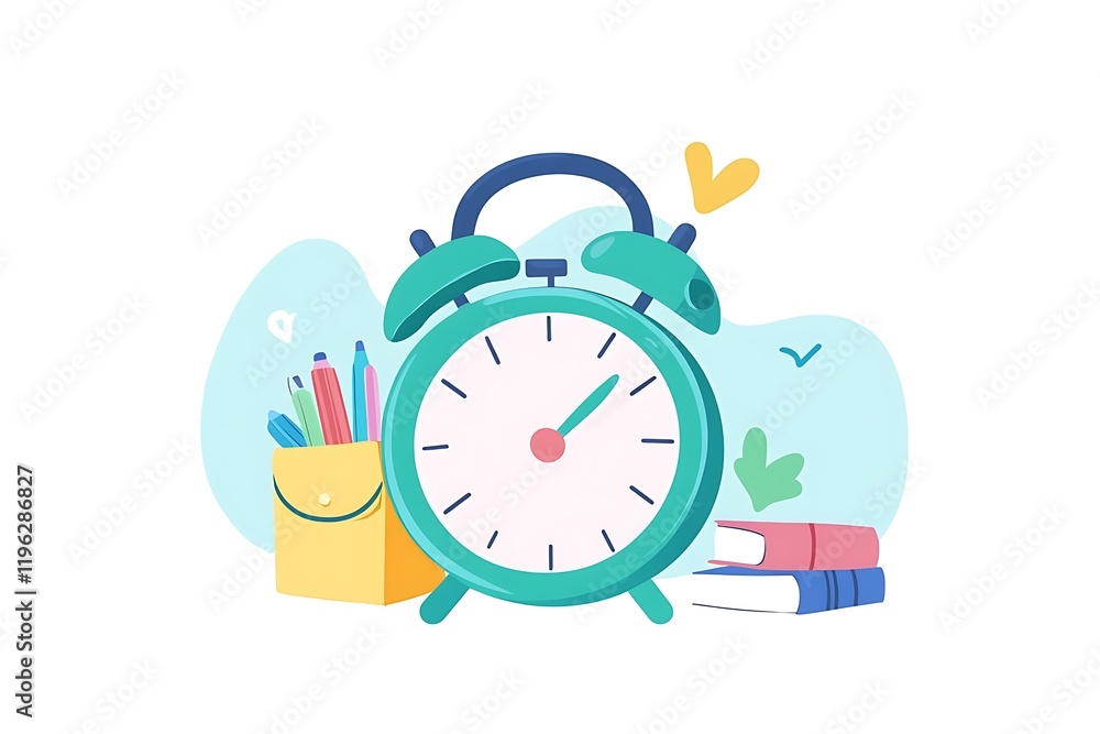 Time for Study: Cute Alarm Clock and Stationery Illustration Time for Study: Cute Alarm Clock and Stationery Illustration