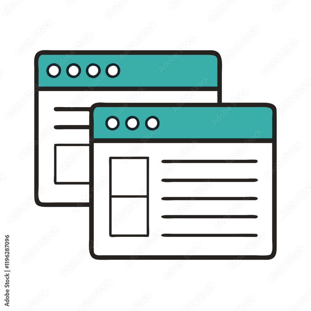 Multiple browser windows icon in teal and white outline Multiple browser windows icon in teal and white outline