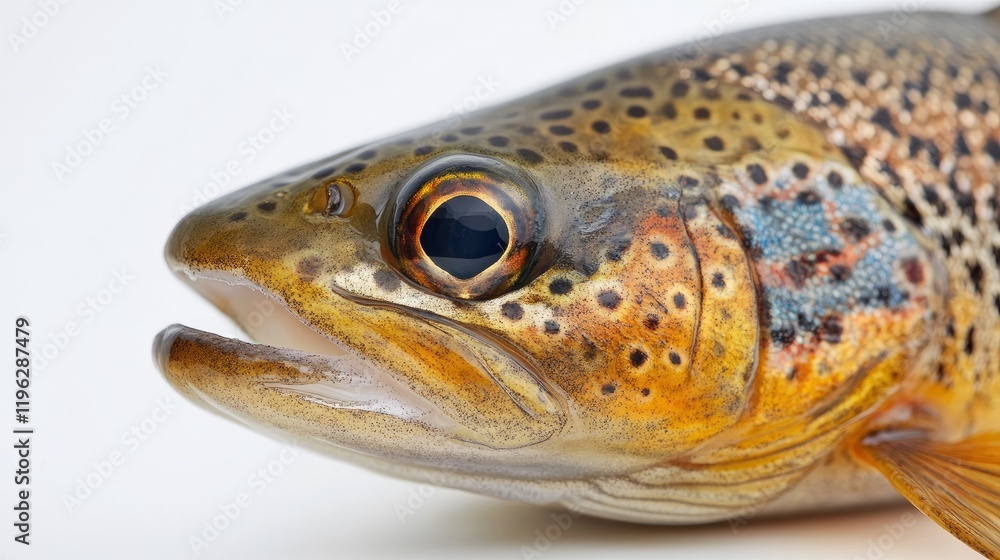 A macro shot of a brown trout, focusing on its speckled patterns and detailed features against a white backdrop A macro shot of a brown trout, focusing on its speckled patterns and detailed features against a white backdrop