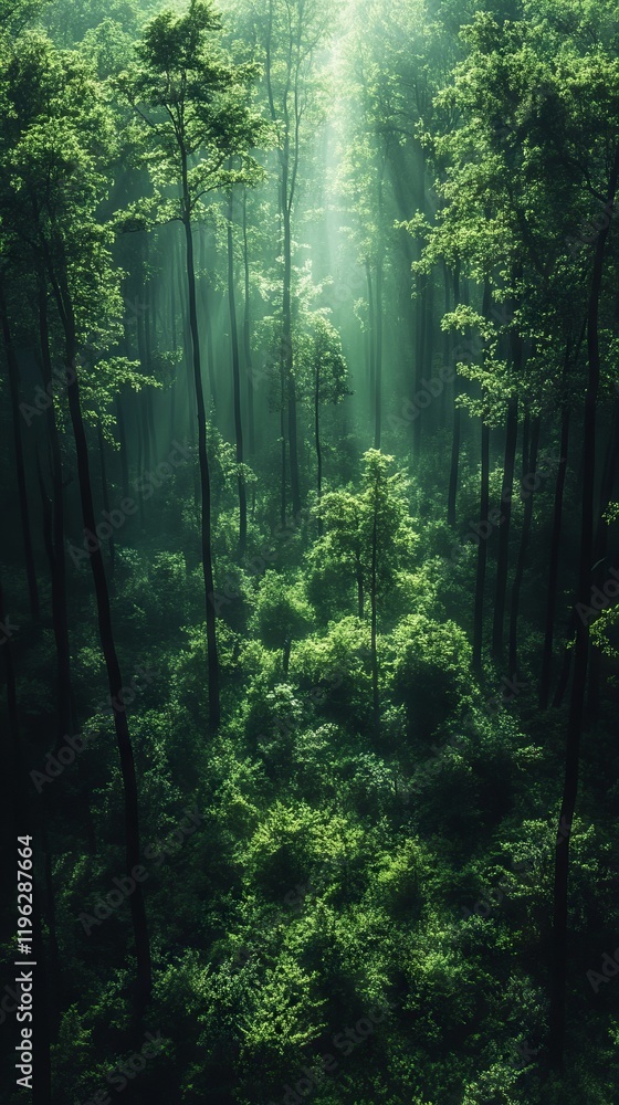 Obraz premium Sunbeams filtering through a lush green forest