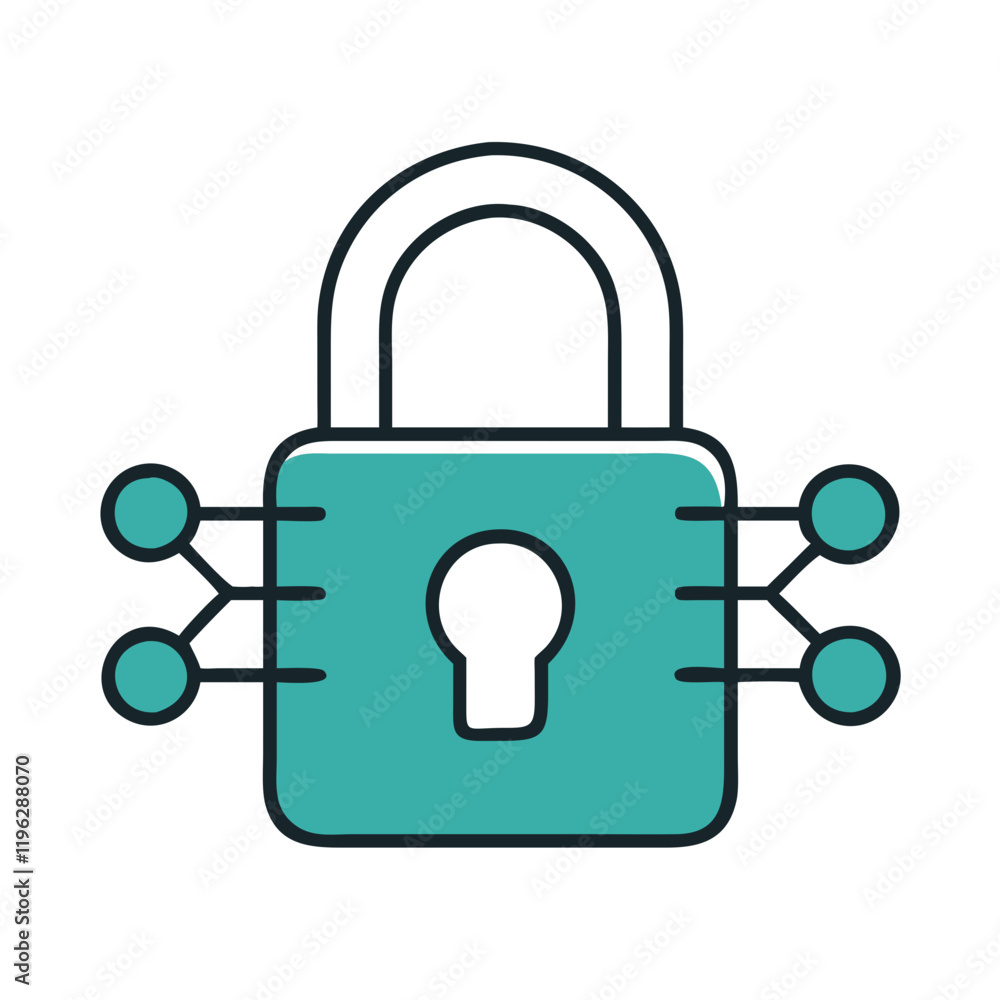 Padlock icon with connected nodes in teal outline Padlock icon with connected nodes in teal outline