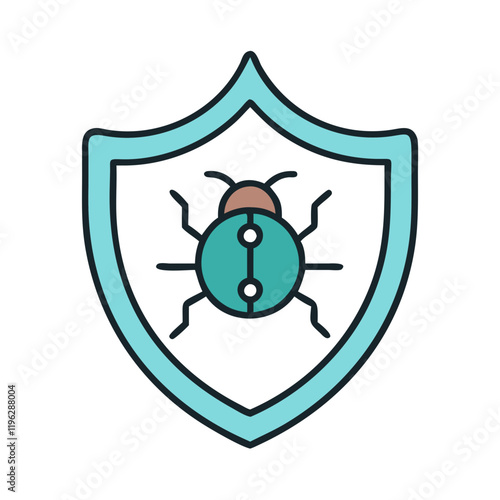 Bug on shield icon representing cybersecurity in teal outline.