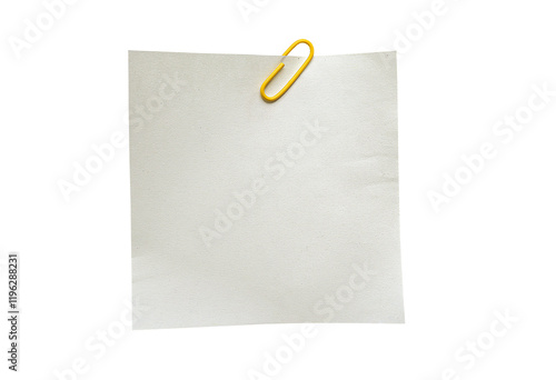 Empty note paper with paper clip isolated on white background with clipping path.