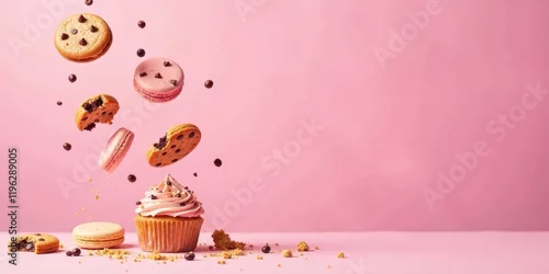 Obraz  z motywem Sweet Treats in Motion A Delightful Display of Cupcakes, Macarons, and Cookies Suspended in Mid-Air Against a Soft Pink Background