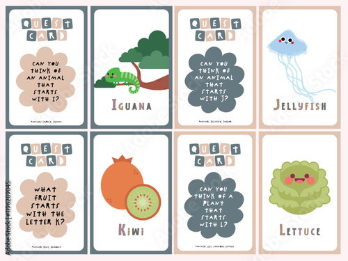 Printable quest card flashcards, kids learning the alphabet A-Z with cute illustration images. Teaching children to be aware of their surroundings, learn vocabulary. Educational tool for fun learning